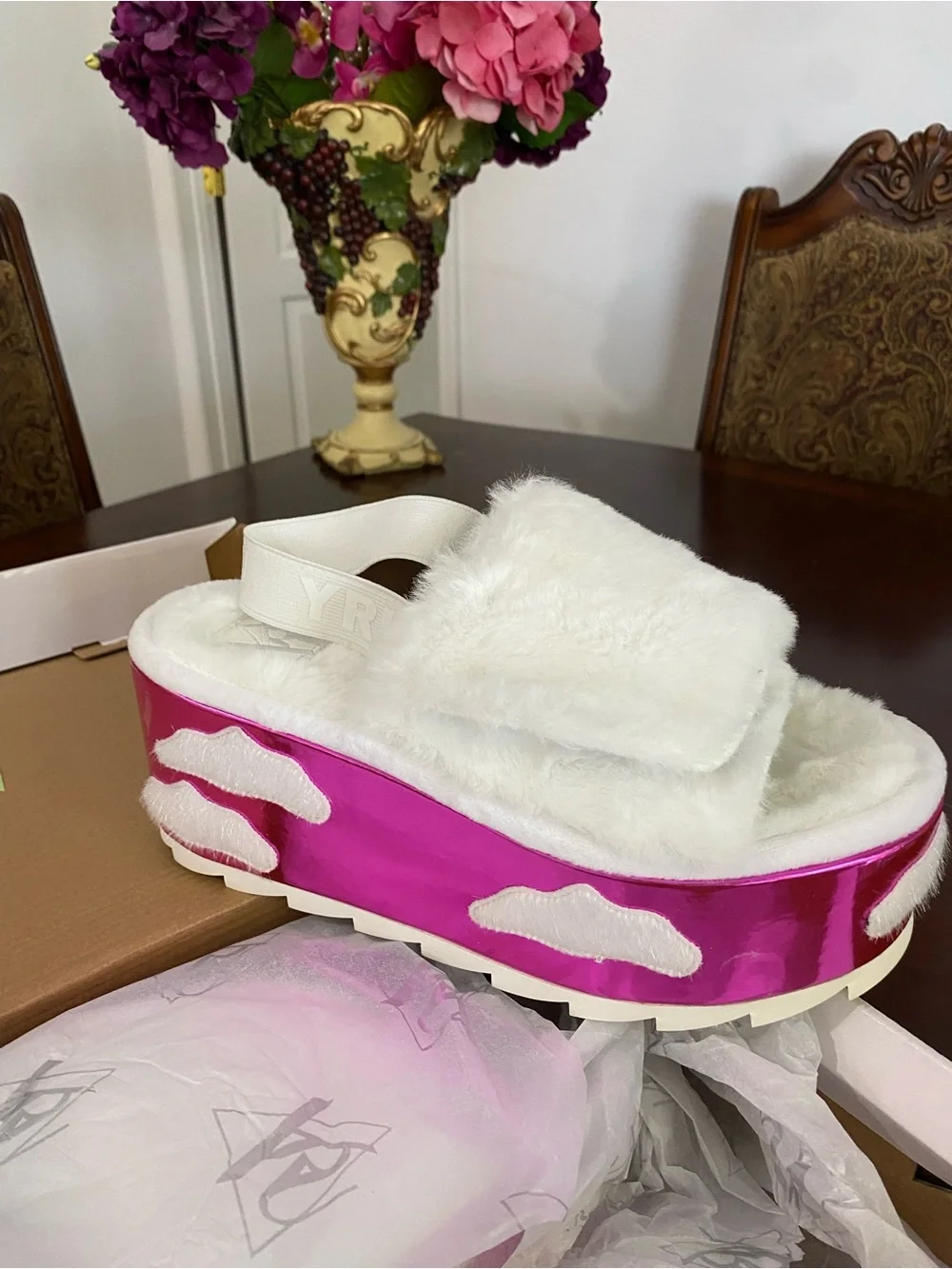 White Faux-Fur Platform Slide with Pink Metallic Cloud Accent